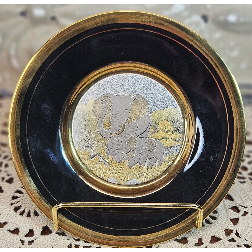 Japanese The Art of Chokin 24k Gold Edge Decorative Plate Pair of Elephants